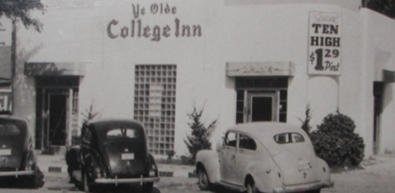 Ye Olde College Inn vintage street view with VW Beetle